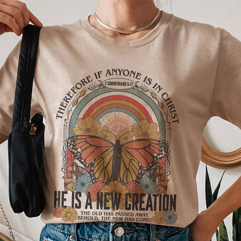 2 Corinthians 5:17 Women Bible Verse T Shirt Vintage Aesthetic Jesus Christian T-Shirts Short Sleeve Faith Shirt Religious Tops 0