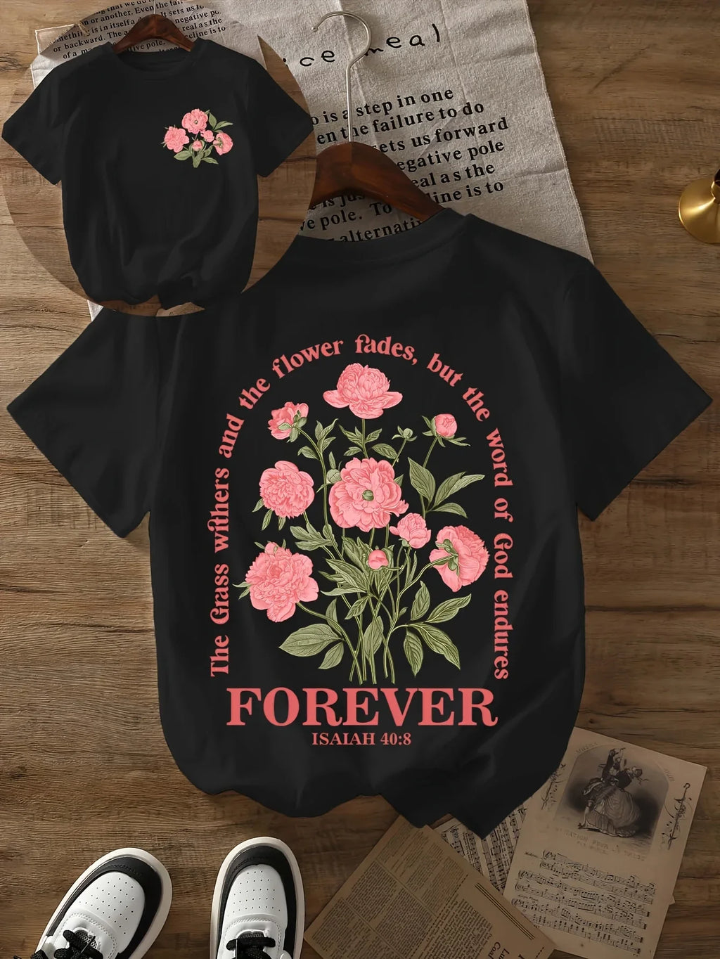 Bible Verse Lettering Printed Women Short Sleeve Summer Women's Clothing T-Shirt Flower Pattern Crew Neck Casual Tops 0