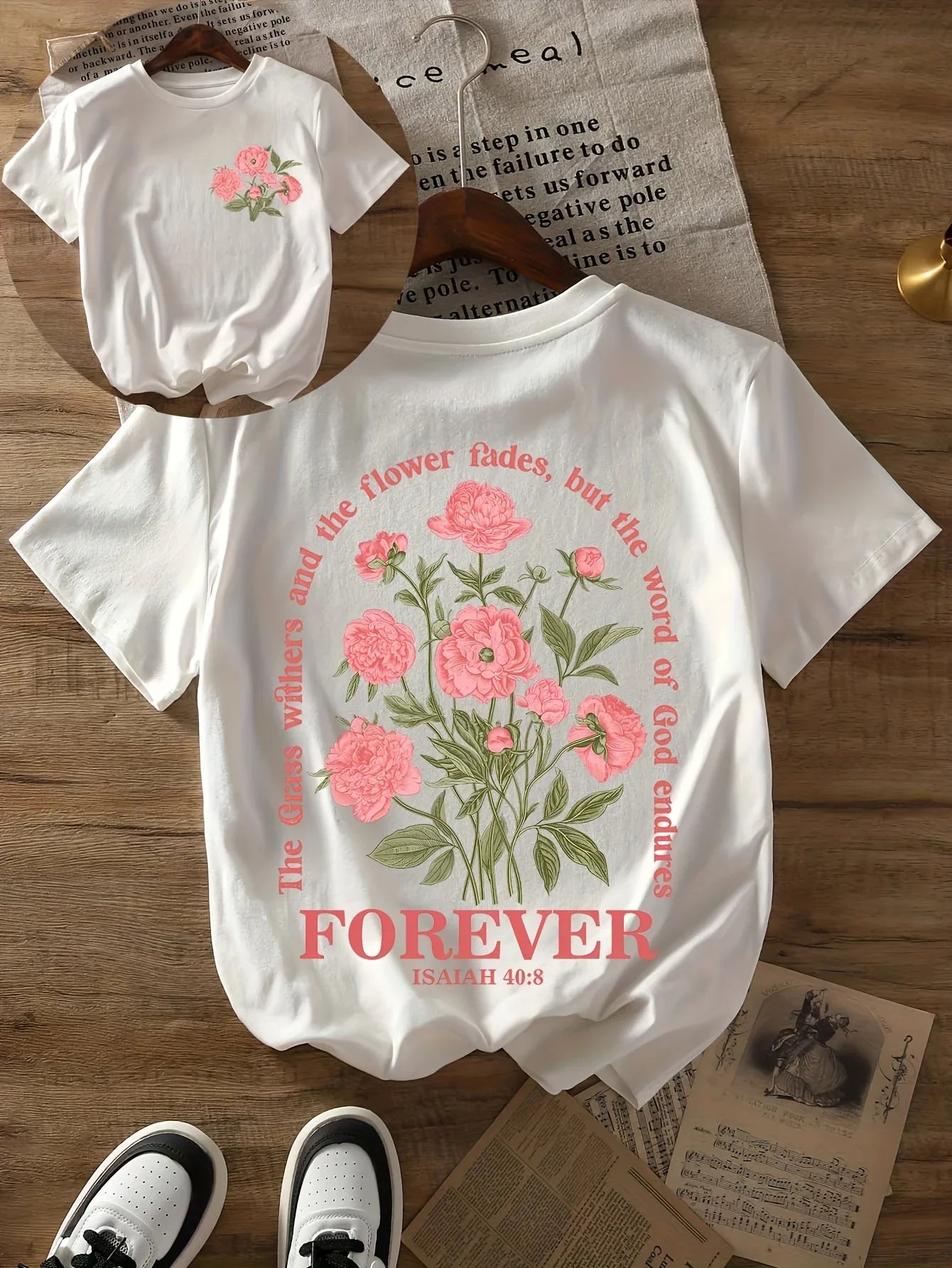 Bible Verse Lettering Printed Women Short Sleeve Summer Women's Clothing T-Shirt Flower Pattern Crew Neck Casual Tops 1