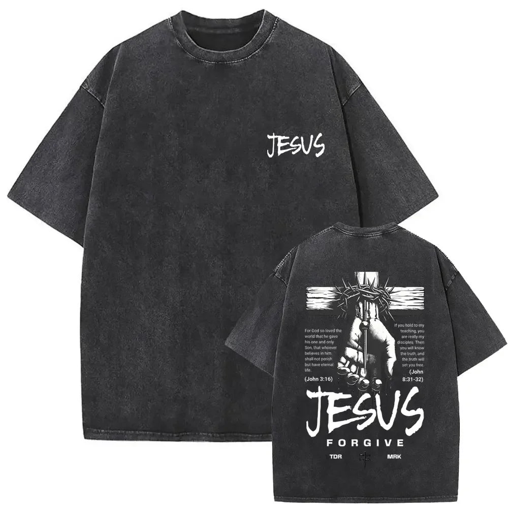 Christian Religious Jesus Forgive Them Father Vintage Washed T-shirt Men Women Gothic Rock Oversized T Shirts Tops Streetwear 11
