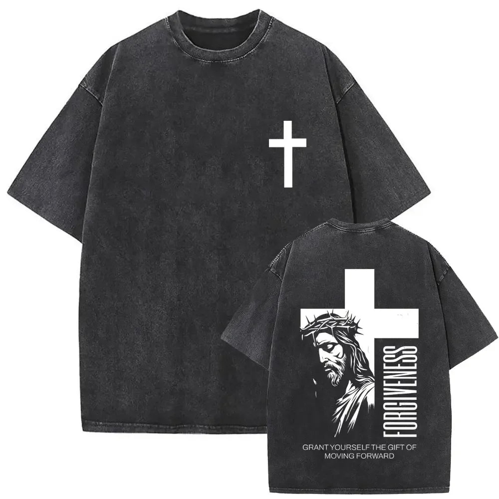 Christian Religious Jesus Forgive Them Father Vintage Washed T-shirt Men Women Gothic Rock Oversized T Shirts Tops Streetwear 24
