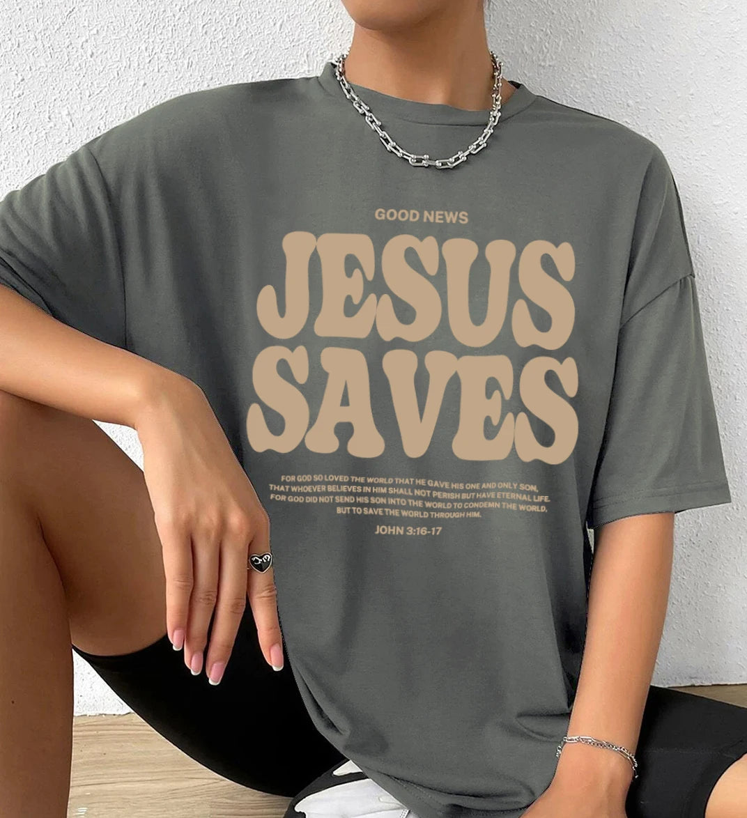 Good News Jesus Saves for God Oversized T-Shirt Jesus Apparel Christian Loose Tee Women Trendy Casual Cotton Aesthetic Top 1