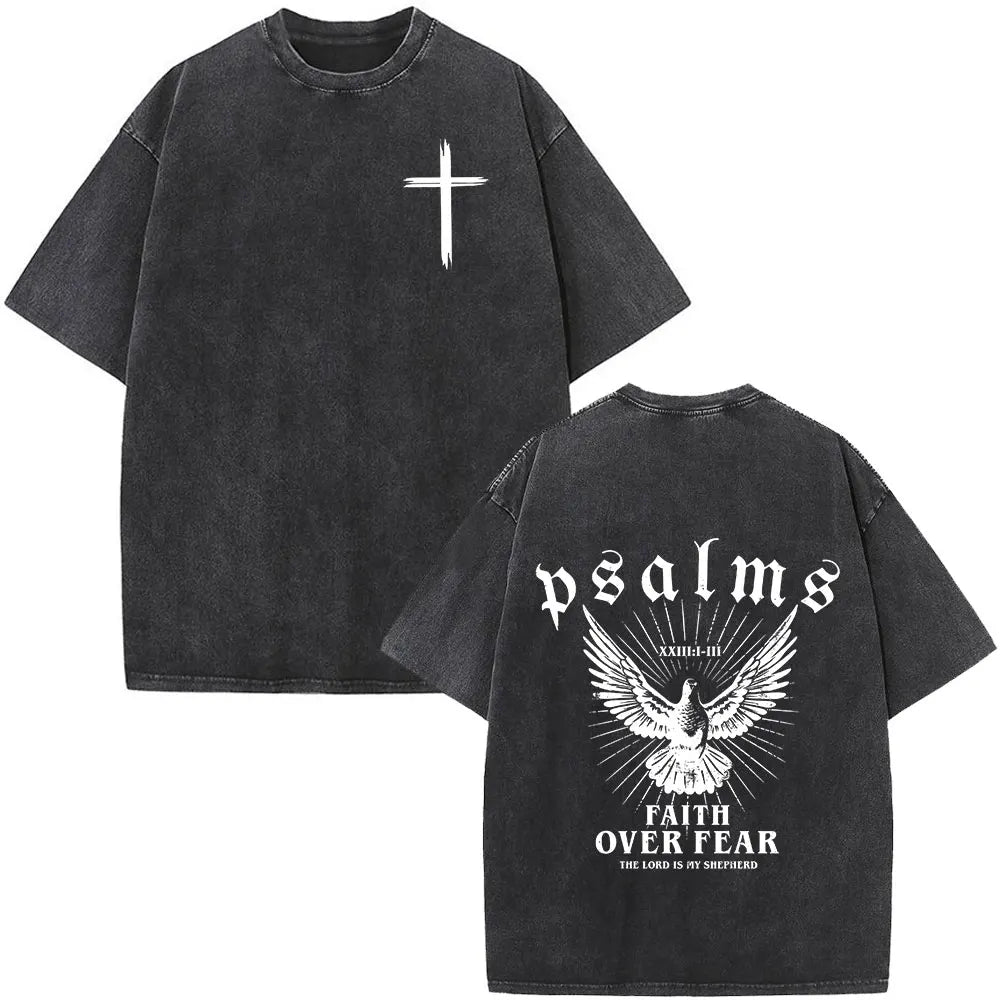 Heart Cross Christian Jesus Faith Over Fear Bible Verse Vintage Washed T-shirts Unisex Fashion Oversized T Shirts Cotton T-shirt 6