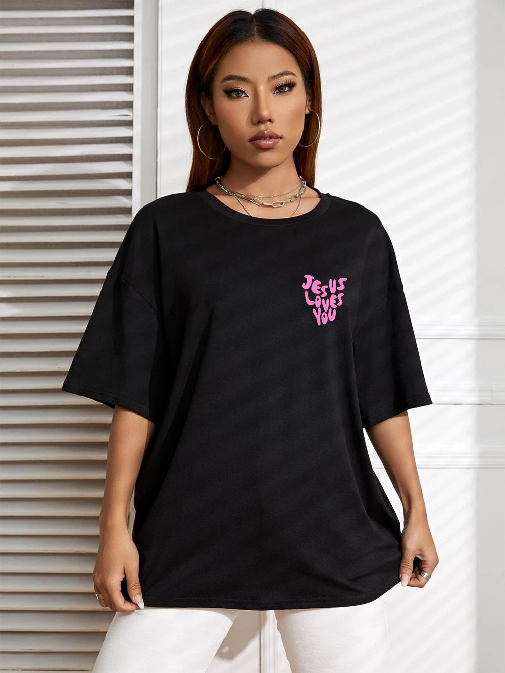 Jesus Loves Me Letter Prints Female Cotton T-Shirts Fashion O-Neck Oversize Tops Casual Loose Soft Short Sleeve Women Clothing 1