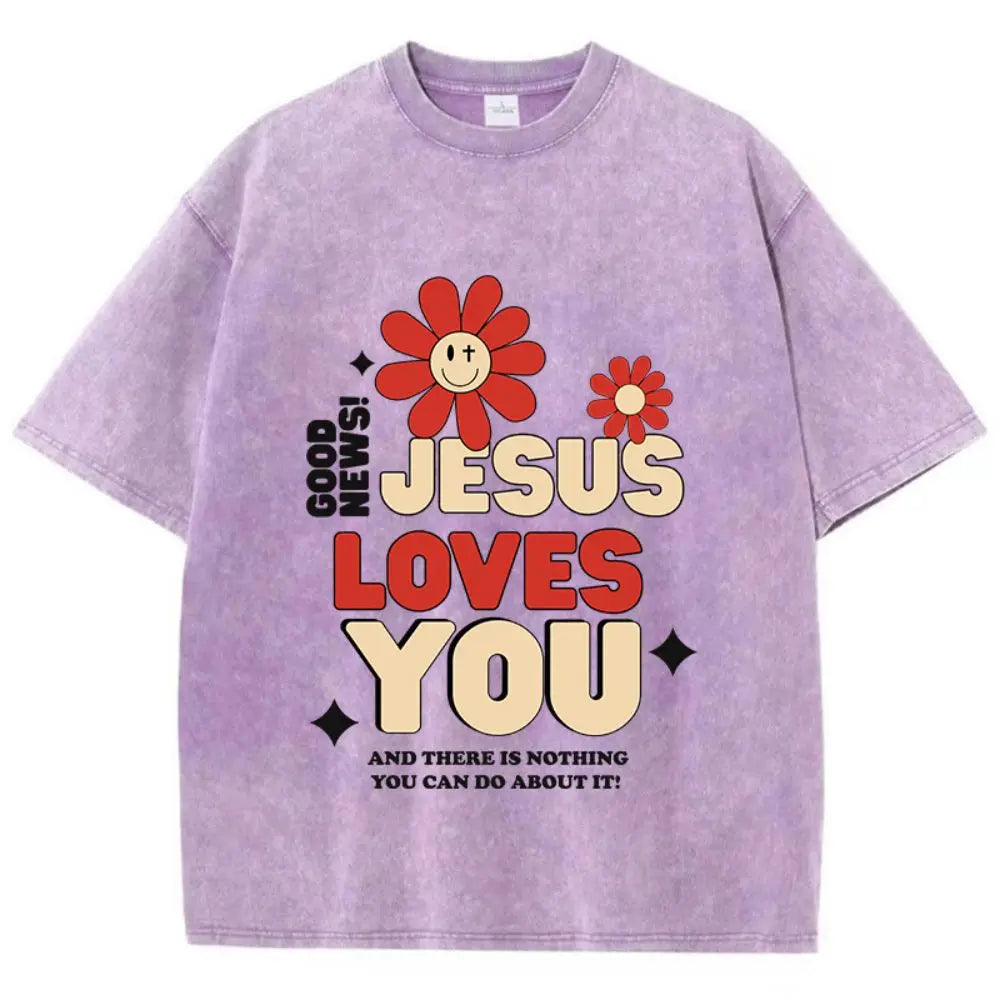 Woman Cotton Washed T-Shirts Good News Jesus Loves You Letter Graphic Print Short Sleeve Loose O-Neck Tops Summer Female Clothes 0