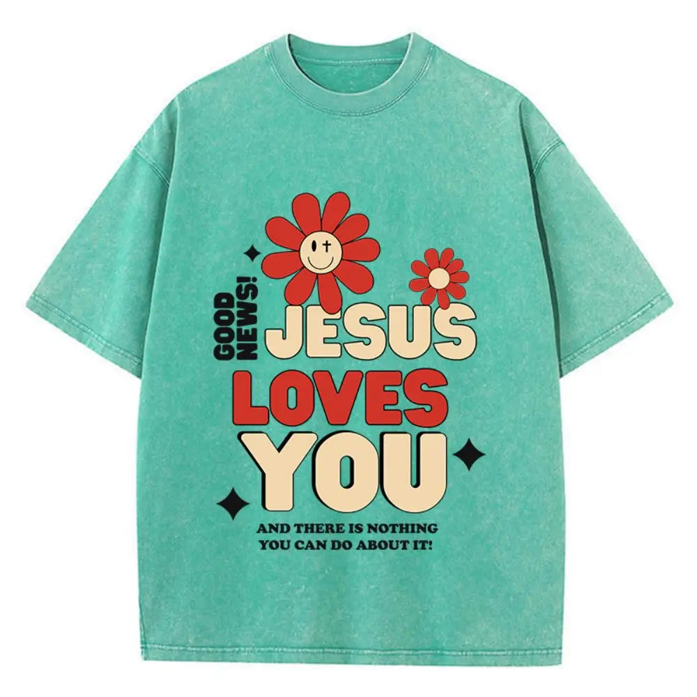Woman Cotton Washed T-Shirts Good News Jesus Loves You Letter Graphic Print Short Sleeve Loose O-Neck Tops Summer Female Clothes 1