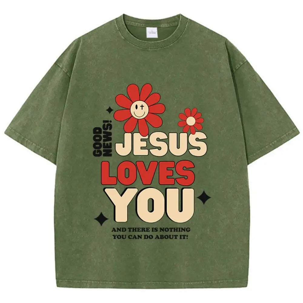 Woman Cotton Washed T-Shirts Good News Jesus Loves You Letter Graphic Print Short Sleeve Loose O-Neck Tops Summer Female Clothes 2