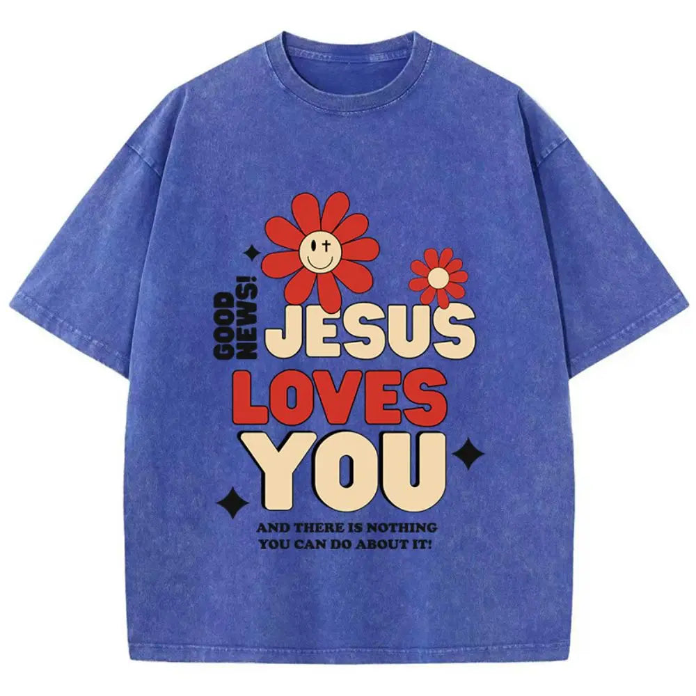 Woman Cotton Washed T-Shirts Good News Jesus Loves You Letter Graphic Print Short Sleeve Loose O-Neck Tops Summer Female Clothes 3