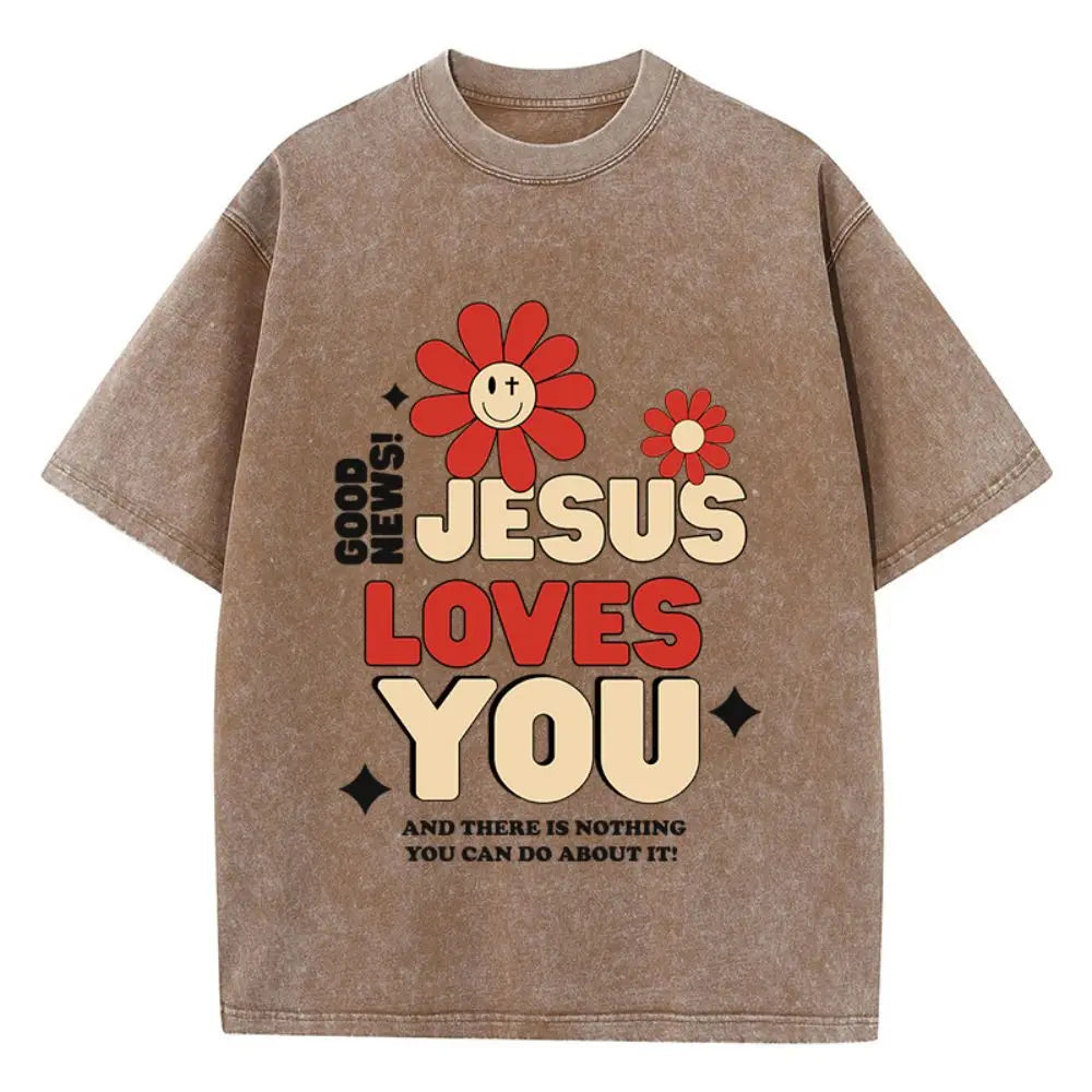 Woman Cotton Washed T-Shirts Good News Jesus Loves You Letter Graphic Print Short Sleeve Loose O-Neck Tops Summer Female Clothes 6